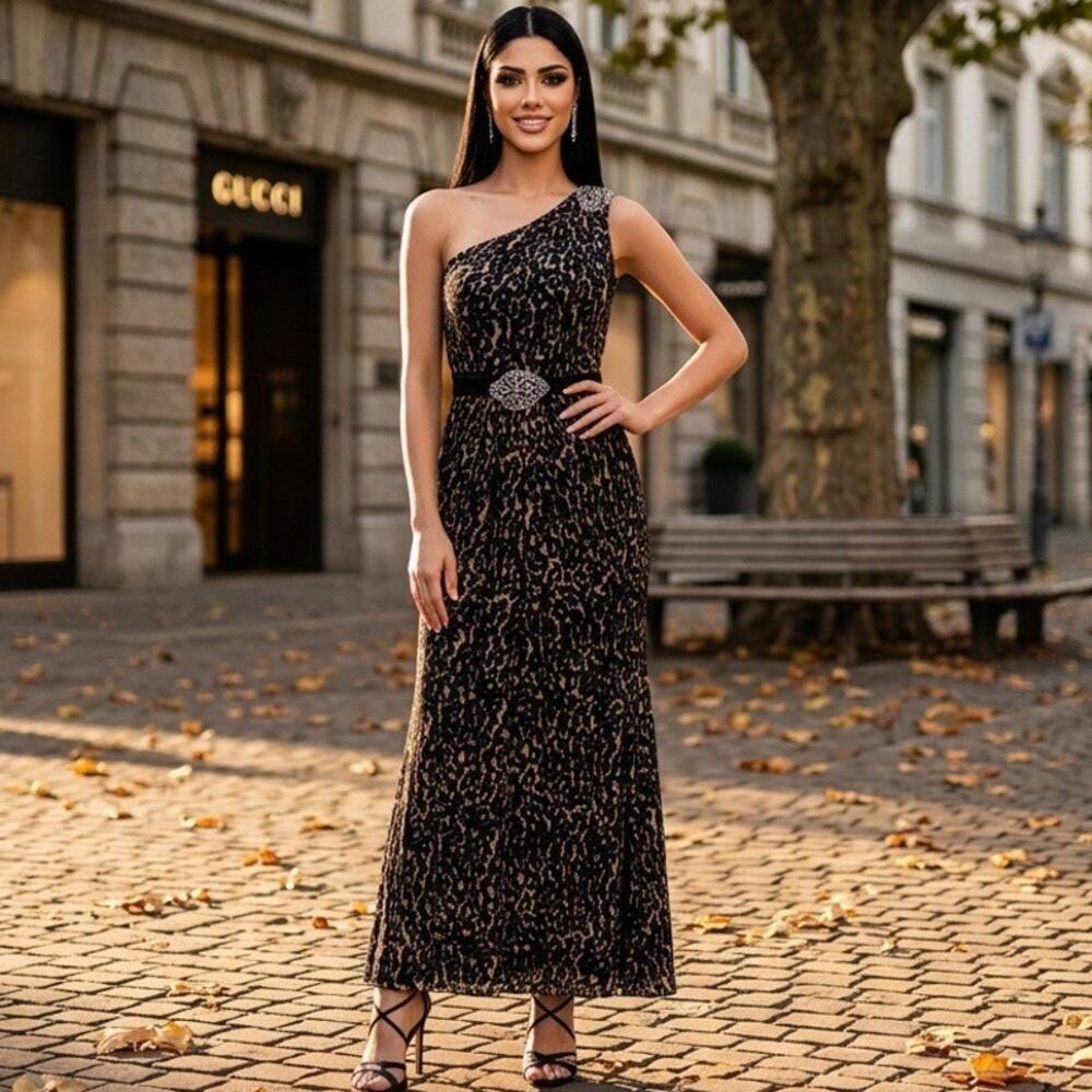 Signature by Sangria Animal Print One Shoulder Embellished Vintage Maxi Dress 8